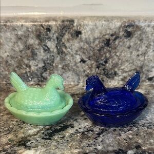 Set of Two Glass Mini Hen Dishes - Green and Blue